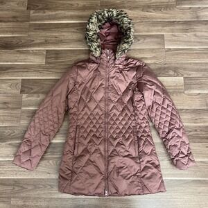 Eddie Bauer Lodge Down Long Coat Womens Size Medium Muave Pink‎ Faux Fur EB550